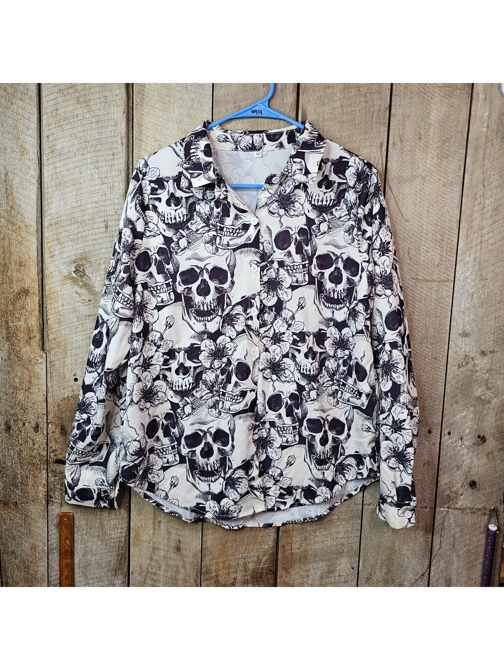 Women's Skull Floral Print Button-Front Shirt Top Long Sleeve Collared Blouse M